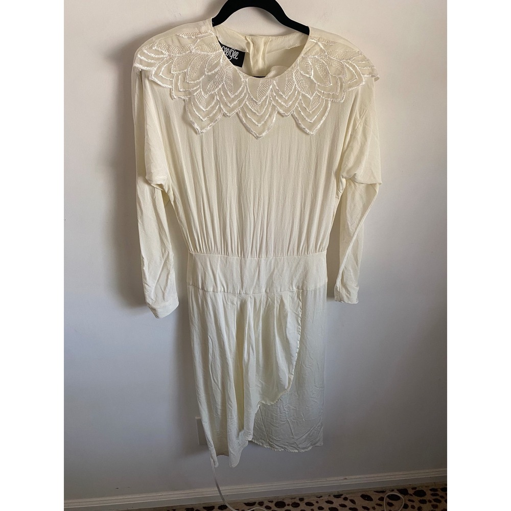 Vintage Cee Gee Cream Lace Collar Button Back Draped Midi Dress 80s Romantic